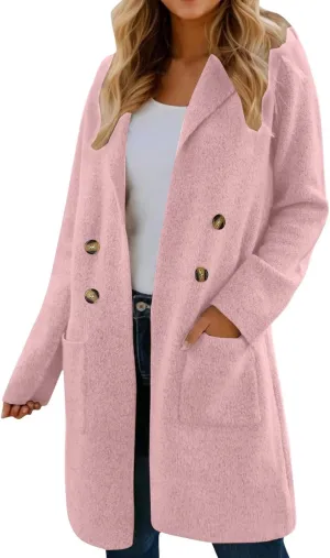 Women's Pea Coat Double Breasted Lapel Trench Coat Wool Blend Thicken Coat Open Front Cardigan Coatigan with Pockets
