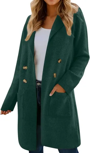 Women's Pea Coat Double Breasted Lapel Trench Coat Wool Blend Thicken Coat Open Front Cardigan Coatigan with Pockets