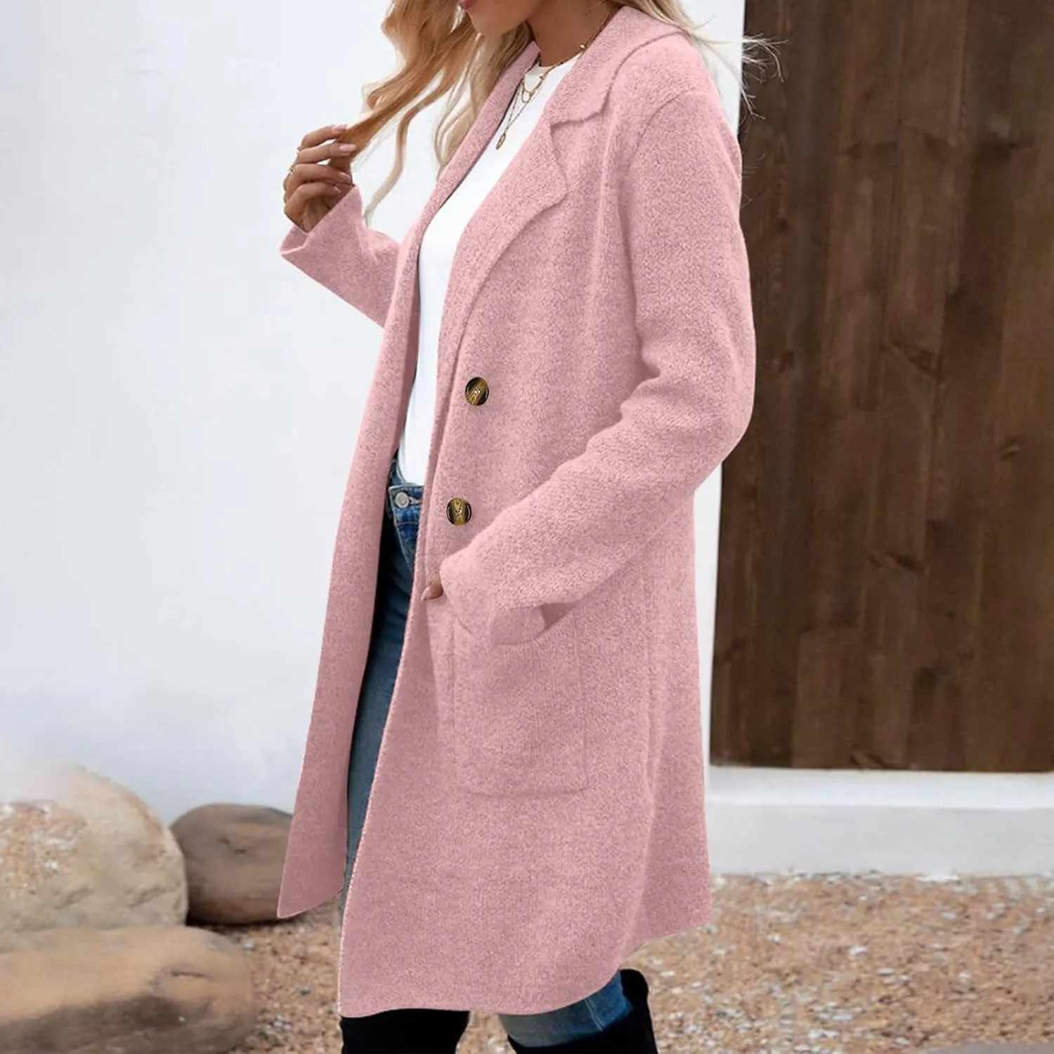 Women's Pea Coat Double Breasted Lapel Trench Coat Wool Blend Thicken Coat Open Front Cardigan Coatigan with Pockets