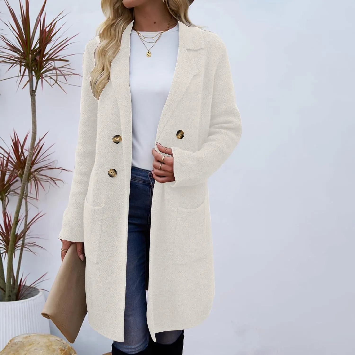 Women's Pea Coat Double Breasted Lapel Trench Coat Wool Blend Thicken Coat Open Front Cardigan Coatigan with Pockets