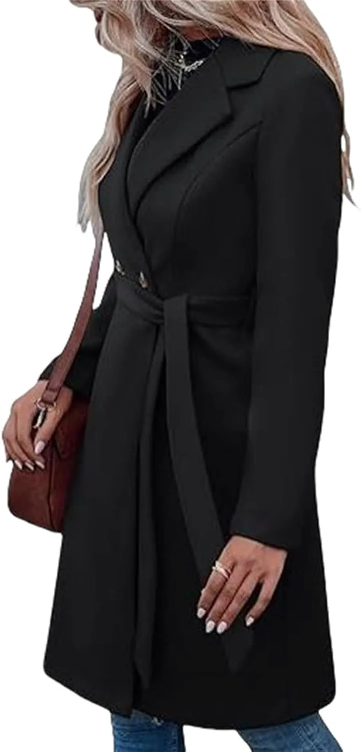 Womens Pea Coats Notched Lapel Double Breasted Coats Wool Blend Trench Coat Winter Warm Long Coatigan Outerwear
