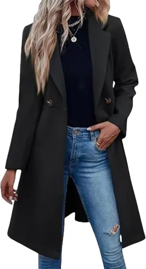Womens Pea Coats Notched Lapel Double Breasted Coats Wool Blend Trench Coat Winter Warm Long Coatigan Outerwear
