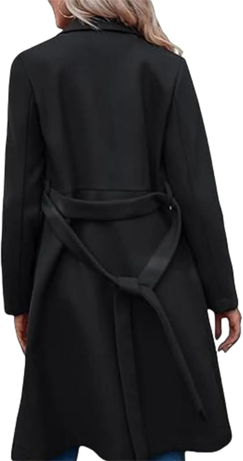 Womens Pea Coats Notched Lapel Double Breasted Coats Wool Blend Trench Coat Winter Warm Long Coatigan Outerwear