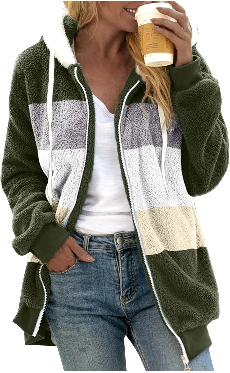 Womens Plus Size Fuzzy Fleece Jacket Winter Full Zip Plush Hooded Cardigan Coats Soft Oversized Shaggy Warm Outerwear