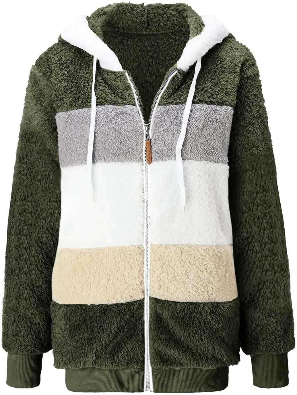 Womens Plus Size Fuzzy Fleece Jacket Winter Full Zip Plush Hooded Cardigan Coats Soft Oversized Shaggy Warm Outerwear
