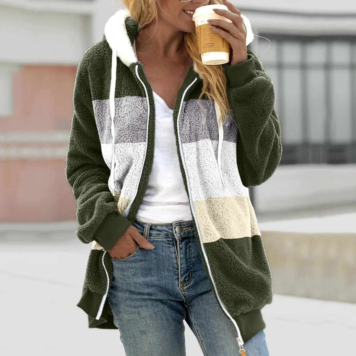 Womens Plus Size Fuzzy Fleece Jacket Winter Full Zip Plush Hooded Cardigan Coats Soft Oversized Shaggy Warm Outerwear