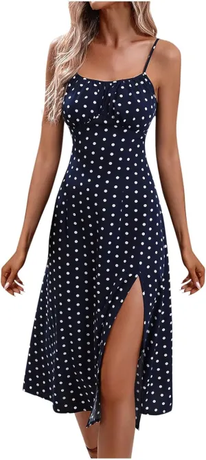 Women's Polka Dot Summer Dresses Sleeveless Ruched High Waist Casual Flowy Side Slit Cami Dress Boho Beach Sundress