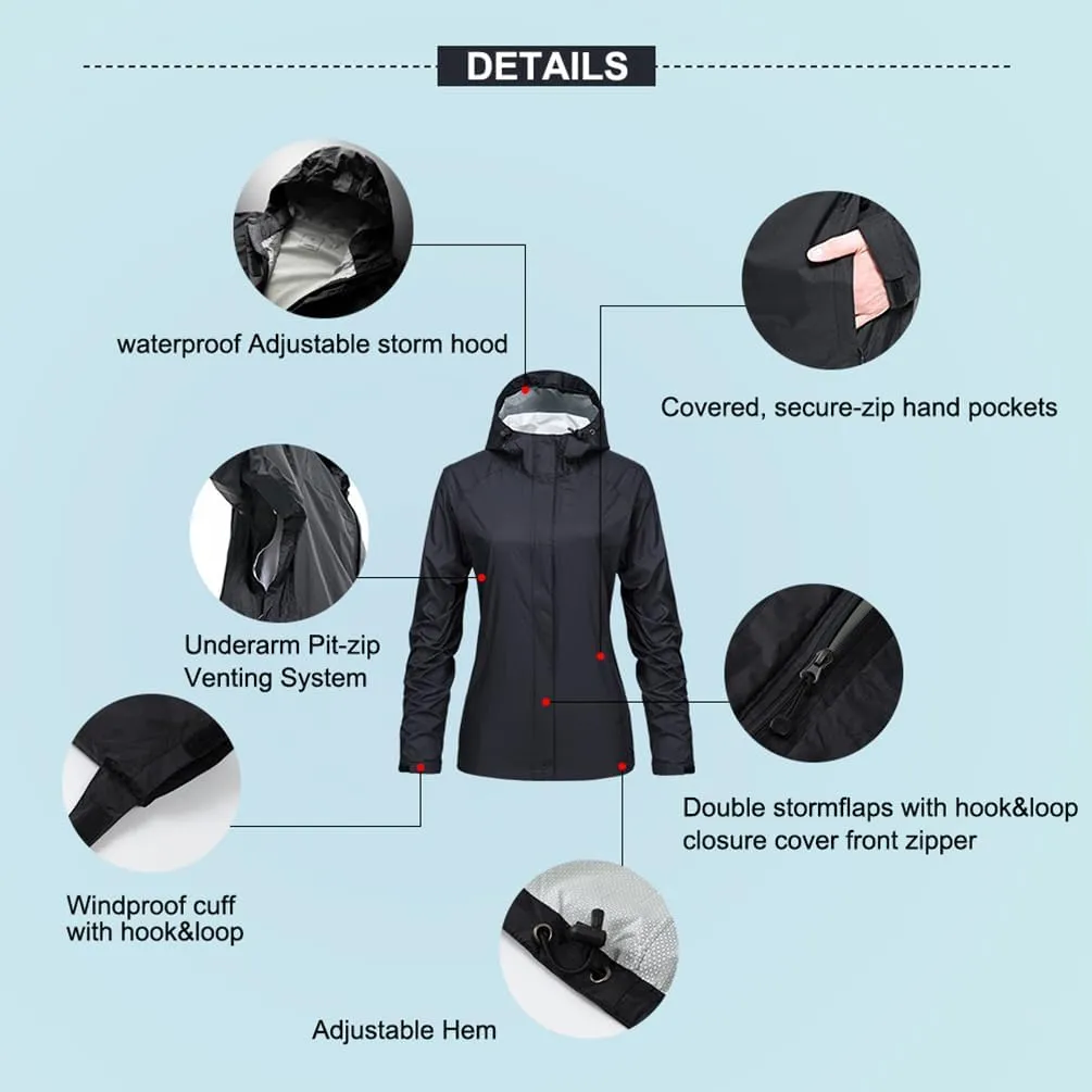 Womens Raincoat Lightweight Rain Jackets Outdoor Waterproof Hooded Windbreaker