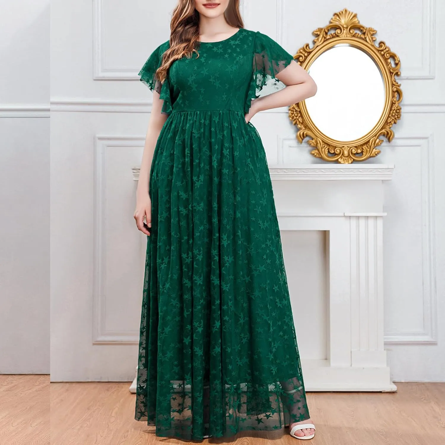 Women's Ruffle Sleeve Chiffon Mother of The Bride Maxi Dress Wrap V Neck Tie Front Polka Dot Long Formal Evening Dresses