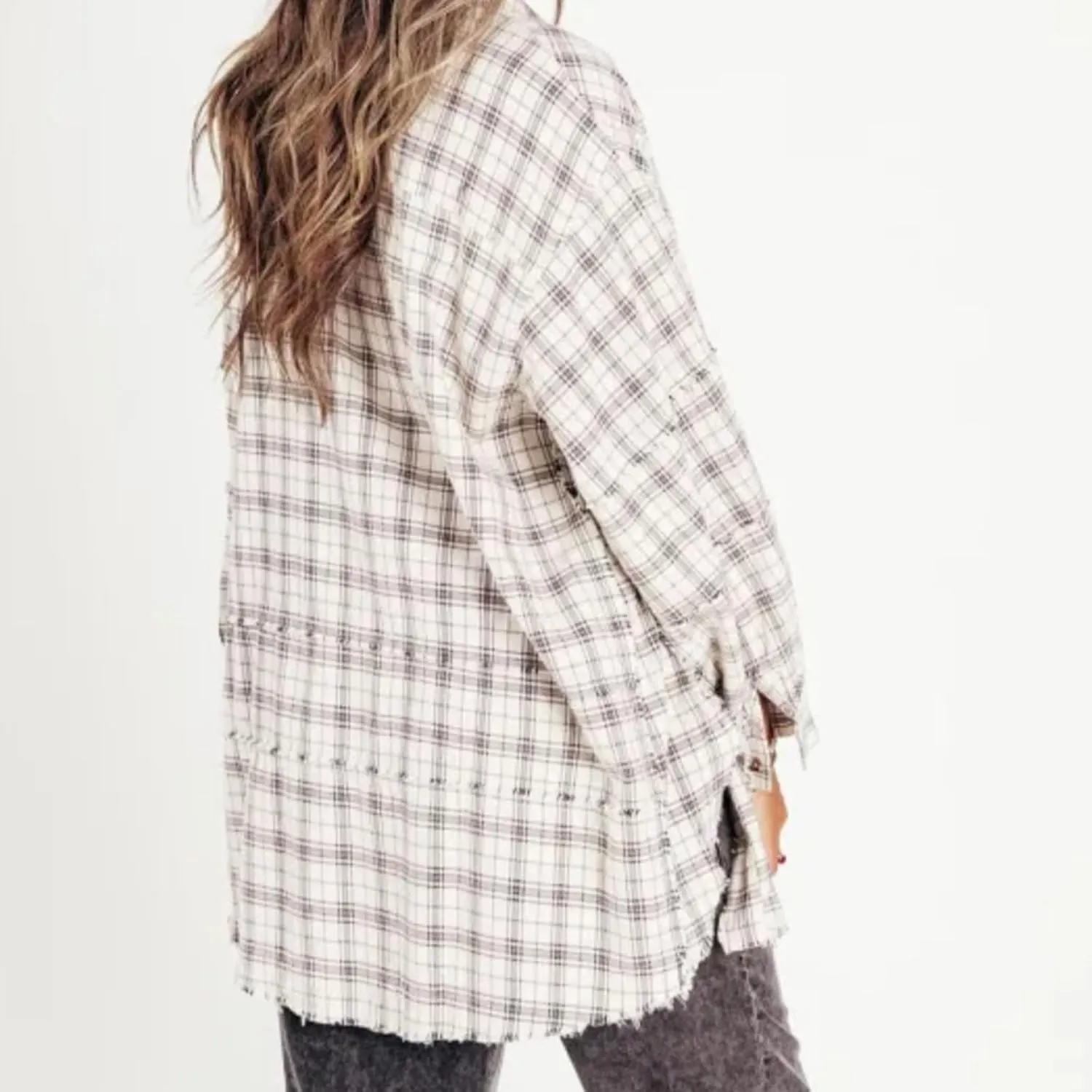 Women's Seams Raw Edge Washed Oversized Shirt Jacket with Pockets, Oversized Denim Jacket Women, Flannel Shirt