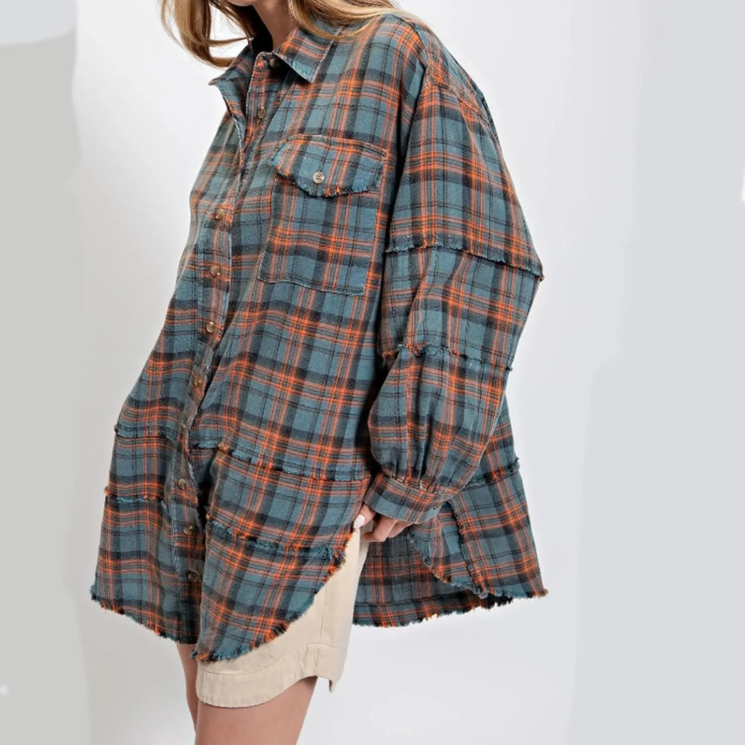 Women's Seams Raw Edge Washed Oversized Shirt Jacket with Pockets, Oversized Denim Jacket Women, Flannel Shirt