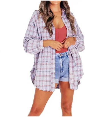 Women's Seams Raw Edge Washed Oversized Shirt Jacket with Pockets, Oversized Denim Jacket Women, Flannel Shirt