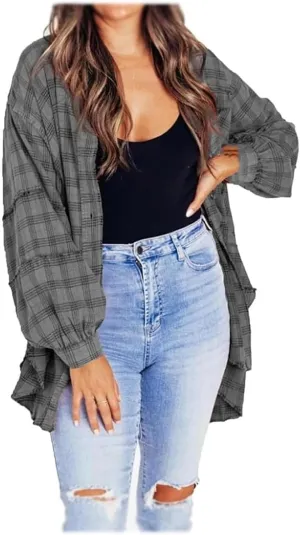 Women's Seams Raw Edge Washed Oversized Shirt Jacket with Pockets, Oversized Denim Jacket Women, Flannel Shirt