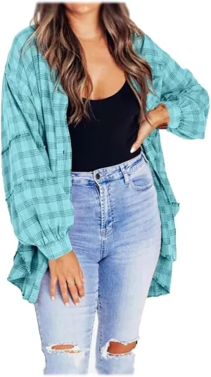Women's Seams Raw Edge Washed Oversized Shirt Jacket with Pockets, Oversized Denim Jacket Women, Flannel Shirt