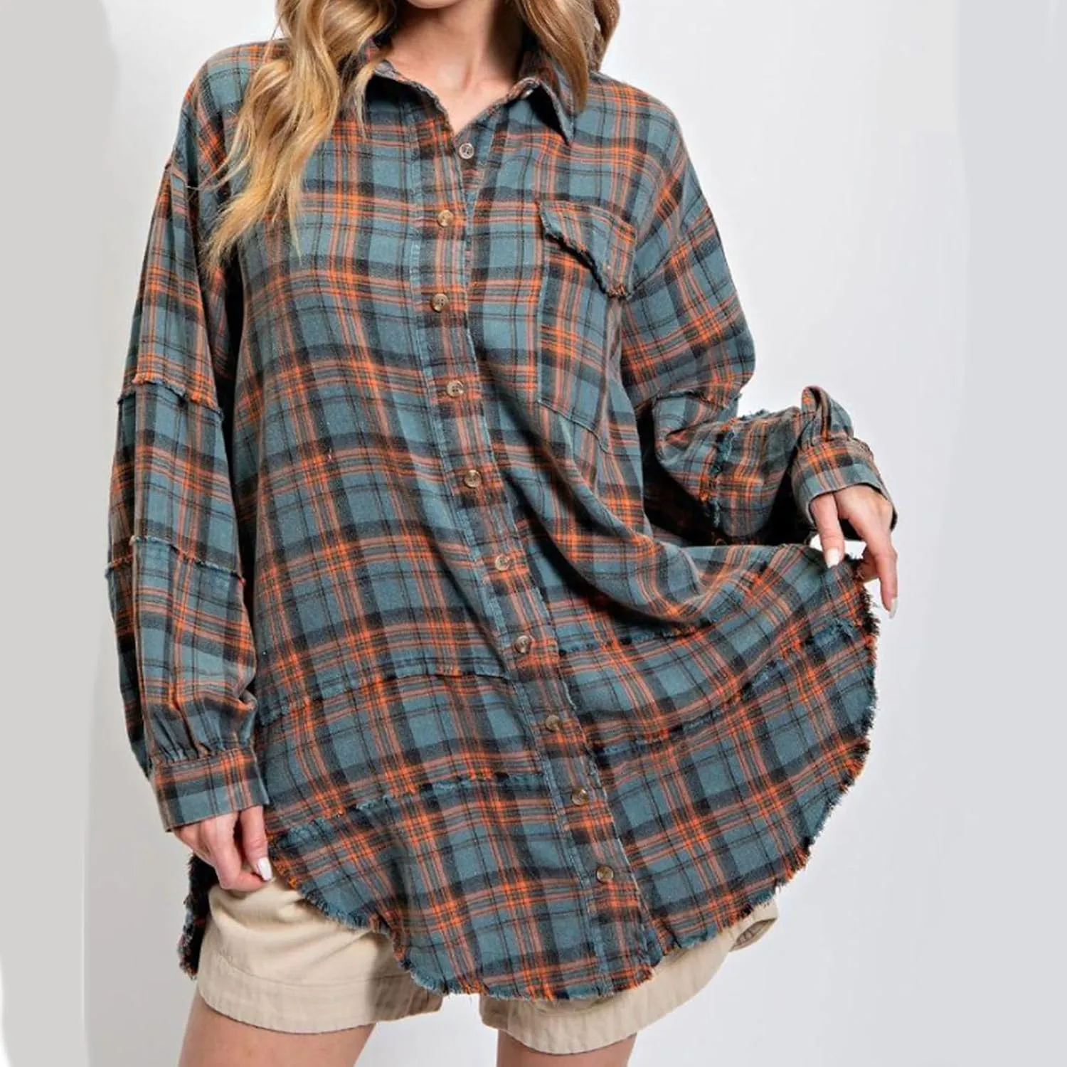Women's Seams Raw Edge Washed Oversized Shirt Jacket with Pockets, Oversized Denim Jacket Women, Flannel Shirt