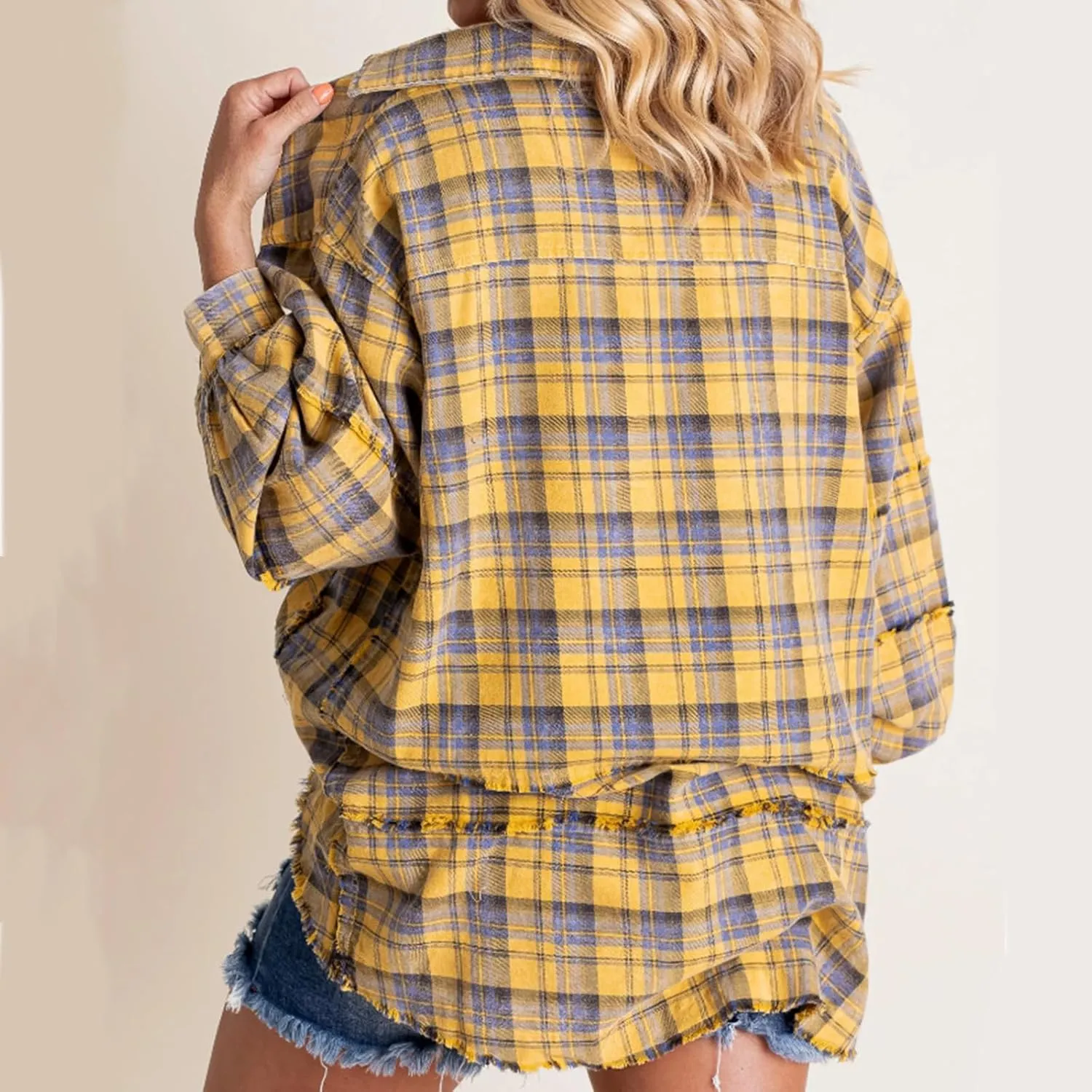Women's Seams Raw Edge Washed Oversized Shirt Jacket with Pockets, Oversized Denim Jacket Women, Flannel Shirt