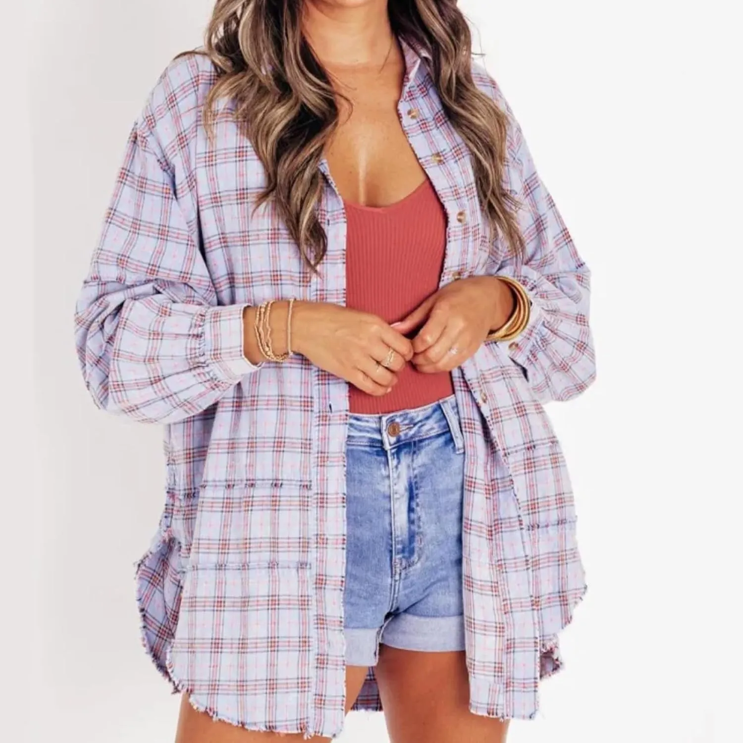 Women's Seams Raw Edge Washed Oversized Shirt Jacket with Pockets, Oversized Denim Jacket Women, Flannel Shirt
