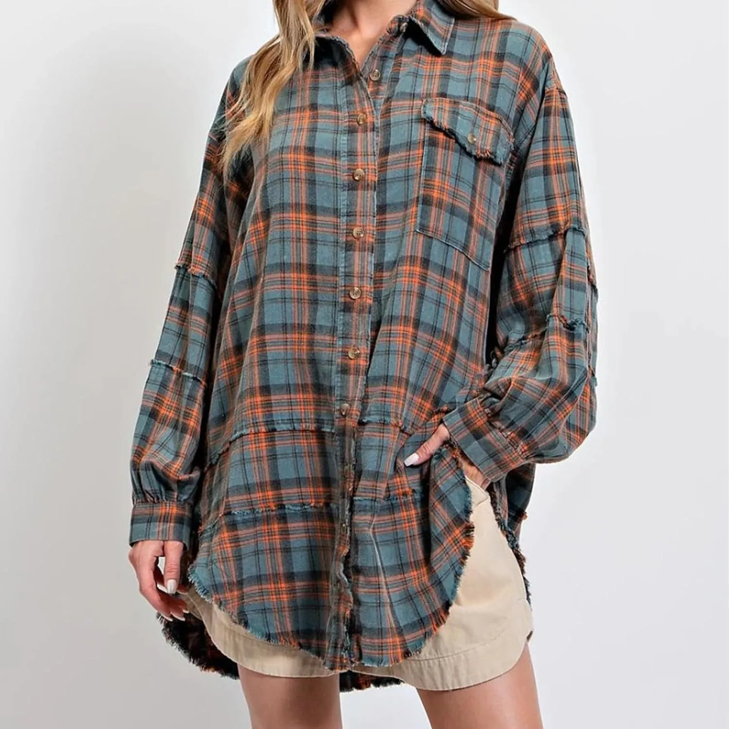 Women's Seams Raw Edge Washed Oversized Shirt Jacket with Pockets, Oversized Denim Jacket Women, Flannel Shirt