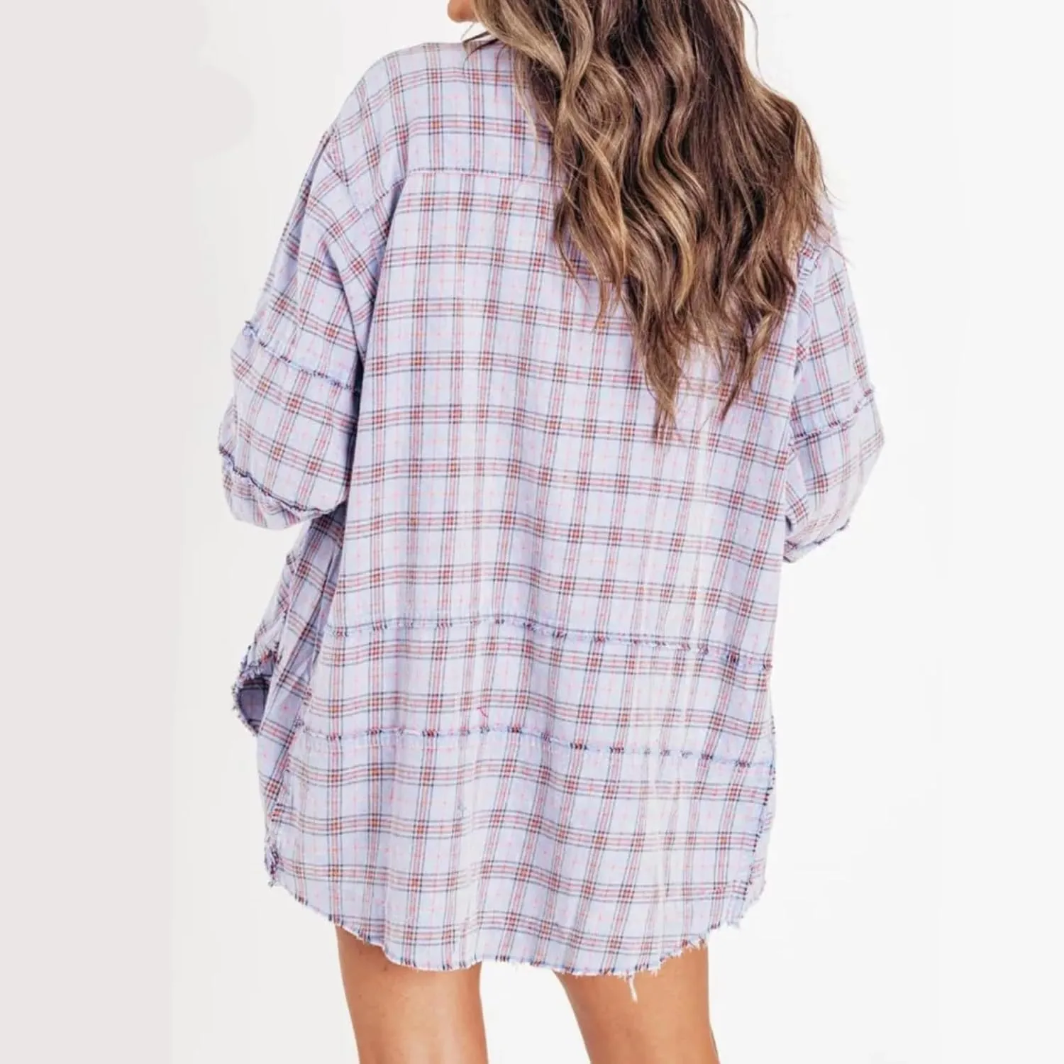 Women's Seams Raw Edge Washed Oversized Shirt Jacket with Pockets, Oversized Denim Jacket Women, Flannel Shirt