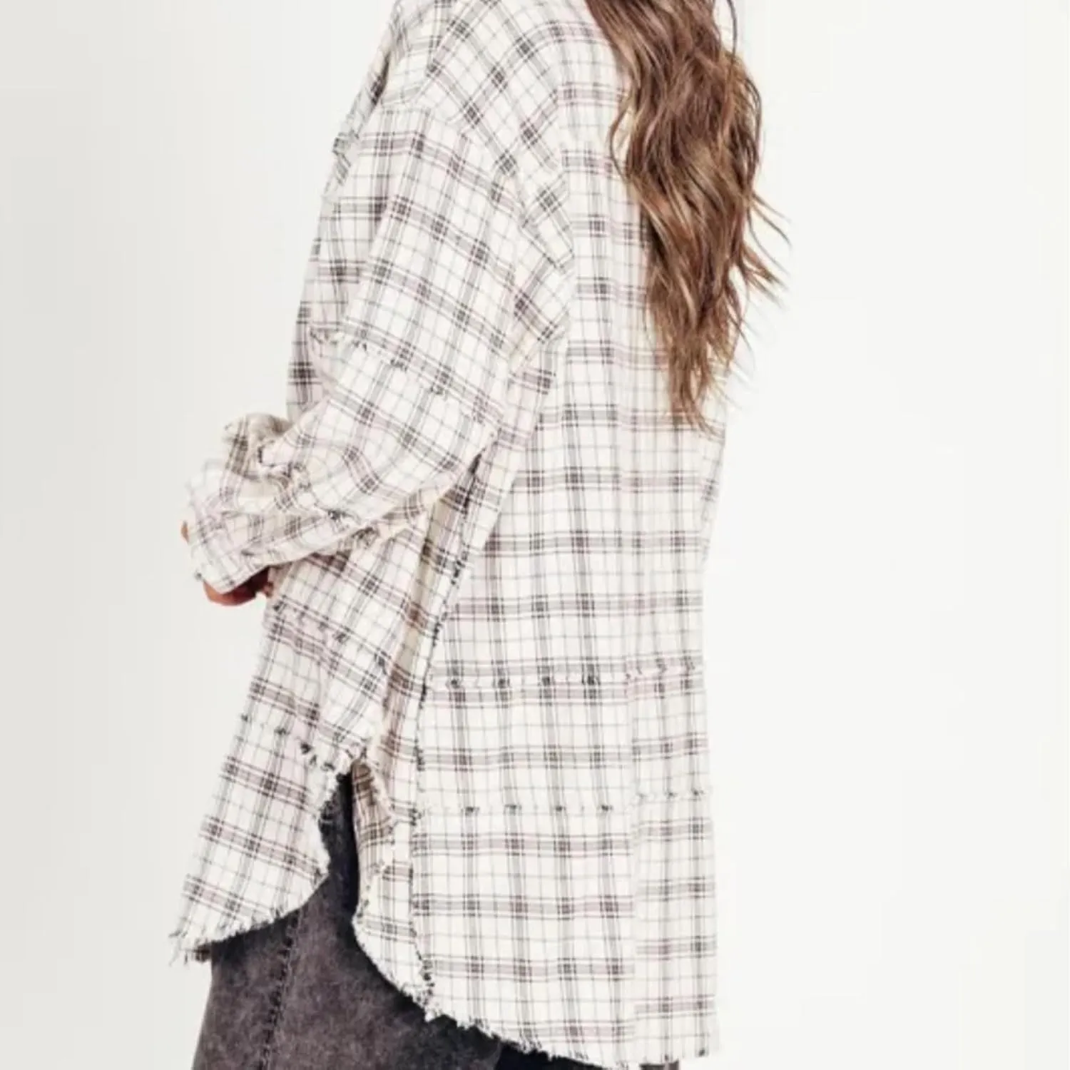 Women's Seams Raw Edge Washed Oversized Shirt Jacket with Pockets, Oversized Denim Jacket Women, Flannel Shirt