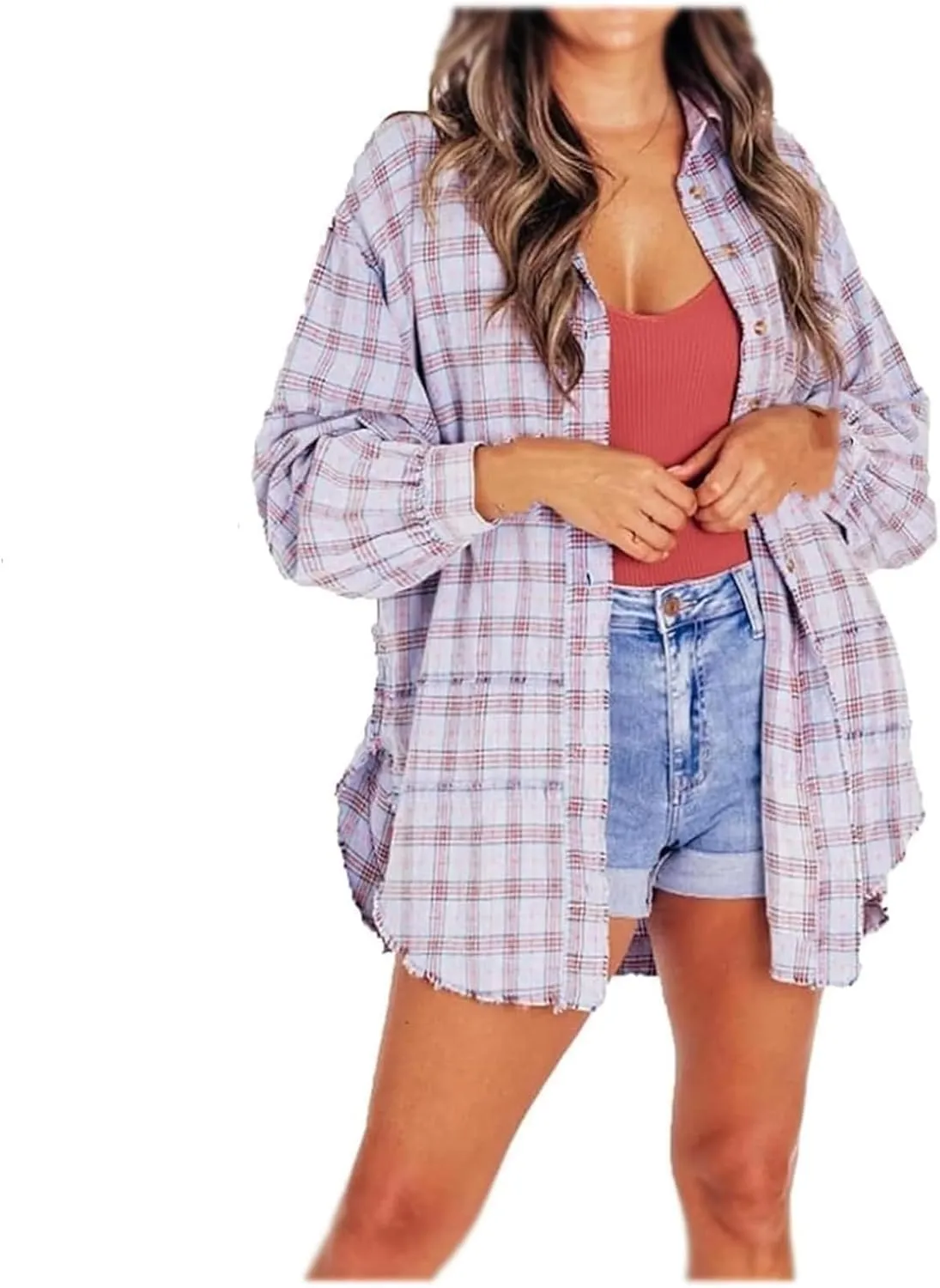 Women's Seams Raw Edge Washed Oversized Shirt Jacket with Pockets, Oversized Denim Jacket Women, Flannel Shirt