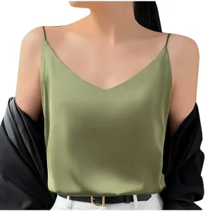 Womens Silk Satin Tank Tops V Neck Camisole Spaghetti Strap Y2k Dressy Shirts Summer Casual Going Out Basic Blouse