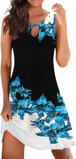Women's Sleeveless Boho Tank Dress Cute Ruffle Flowy Beach Sundress Vacation Mini Dress Knee Length Maxi Dresses