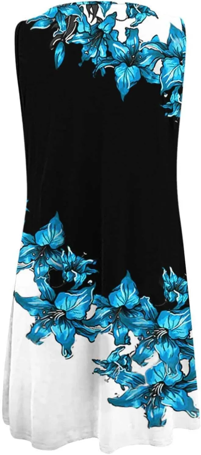Women's Sleeveless Boho Tank Dress Cute Ruffle Flowy Beach Sundress Vacation Mini Dress Knee Length Maxi Dresses
