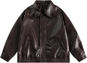 Women's Solid Color Lapel Tops Pocket Short Leather Coat Long Sleeve Hoodless Leather Jacket Fall Trendy Casual Tops