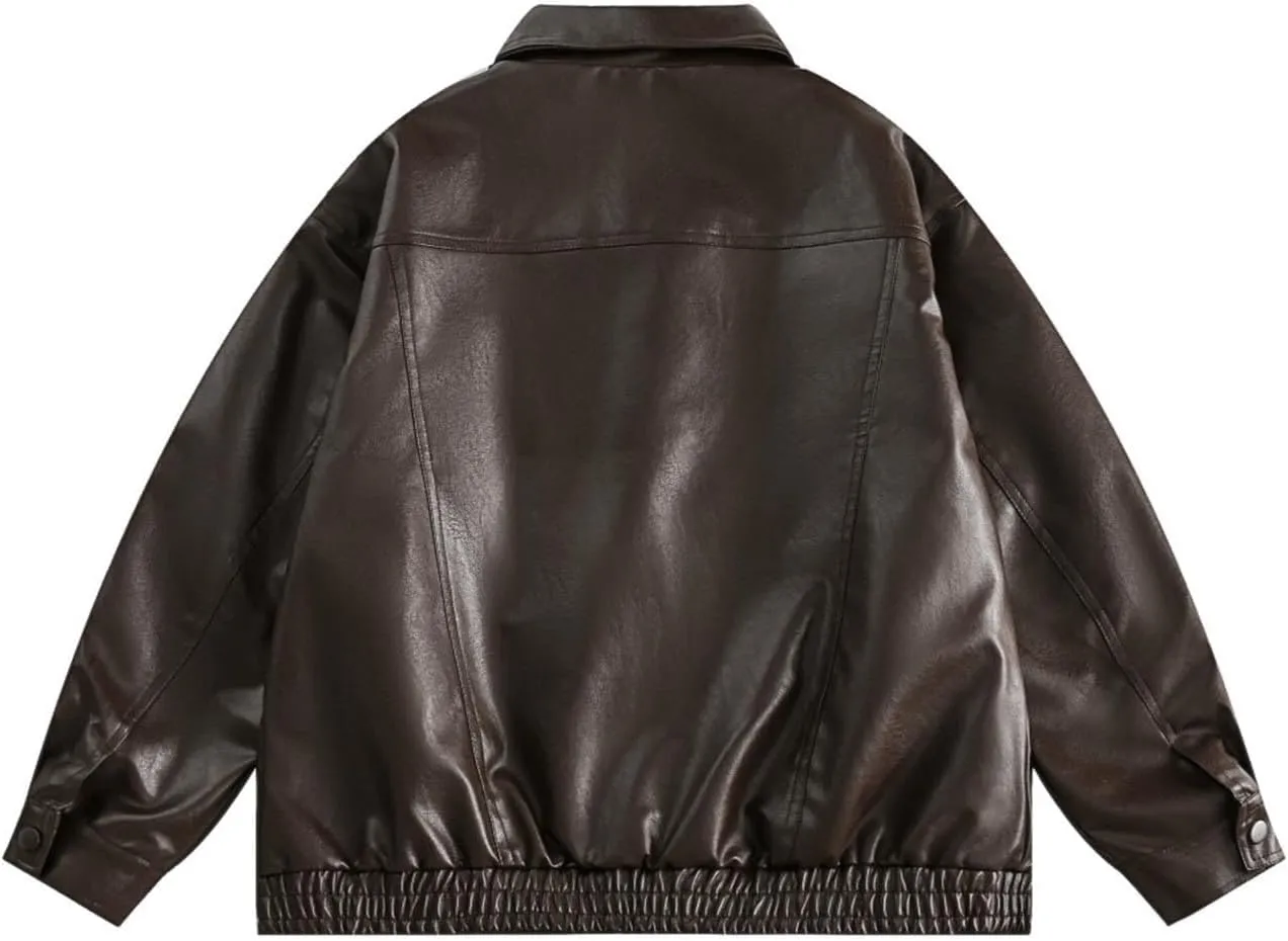 Women's Solid Color Lapel Tops Pocket Short Leather Coat Long Sleeve Hoodless Leather Jacket Fall Trendy Casual Tops