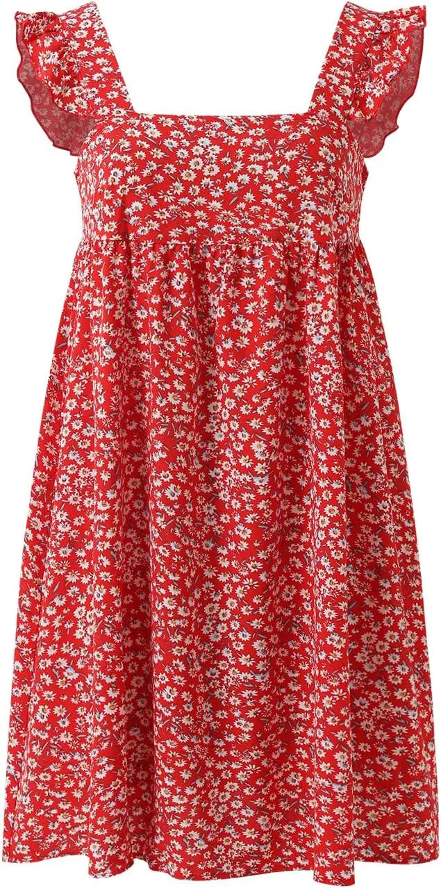 Women's Square Neck Ruffle Strap Floral Backless Sundress Summer Smocked Swing Mini Dress
