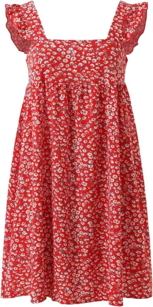 Women's Square Neck Ruffle Strap Floral Backless Sundress Summer Smocked Swing Mini Dress