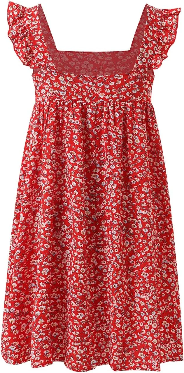 Women's Square Neck Ruffle Strap Floral Backless Sundress Summer Smocked Swing Mini Dress