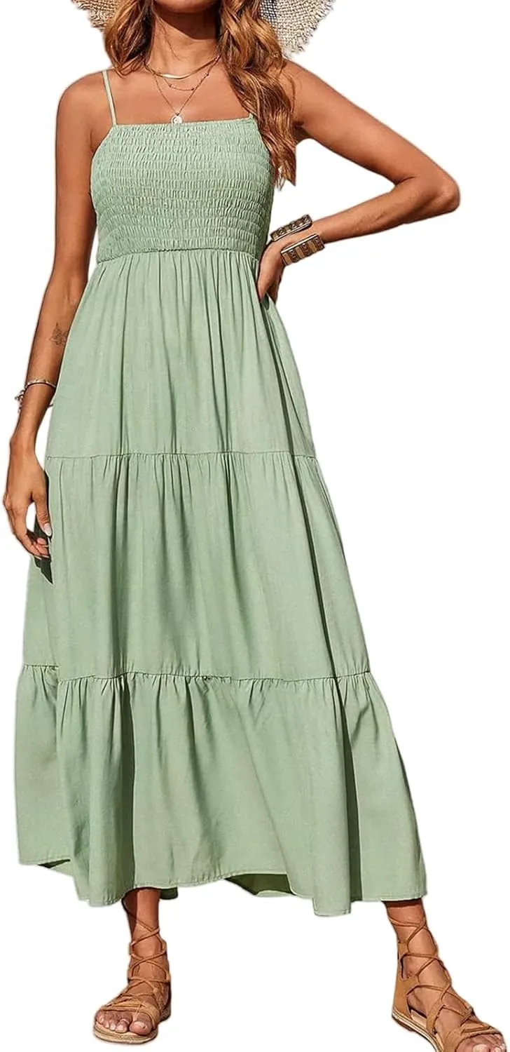 Womens Summer Casual Maxi Dress Boho Spaghetti Strap Smocked Sleeveless Dress Flowy Tiered Long Beach Sundress