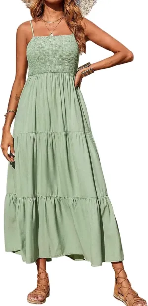 Womens Summer Casual Maxi Dress Boho Spaghetti Strap Smocked Sleeveless Dress Flowy Tiered Long Beach Sundress
