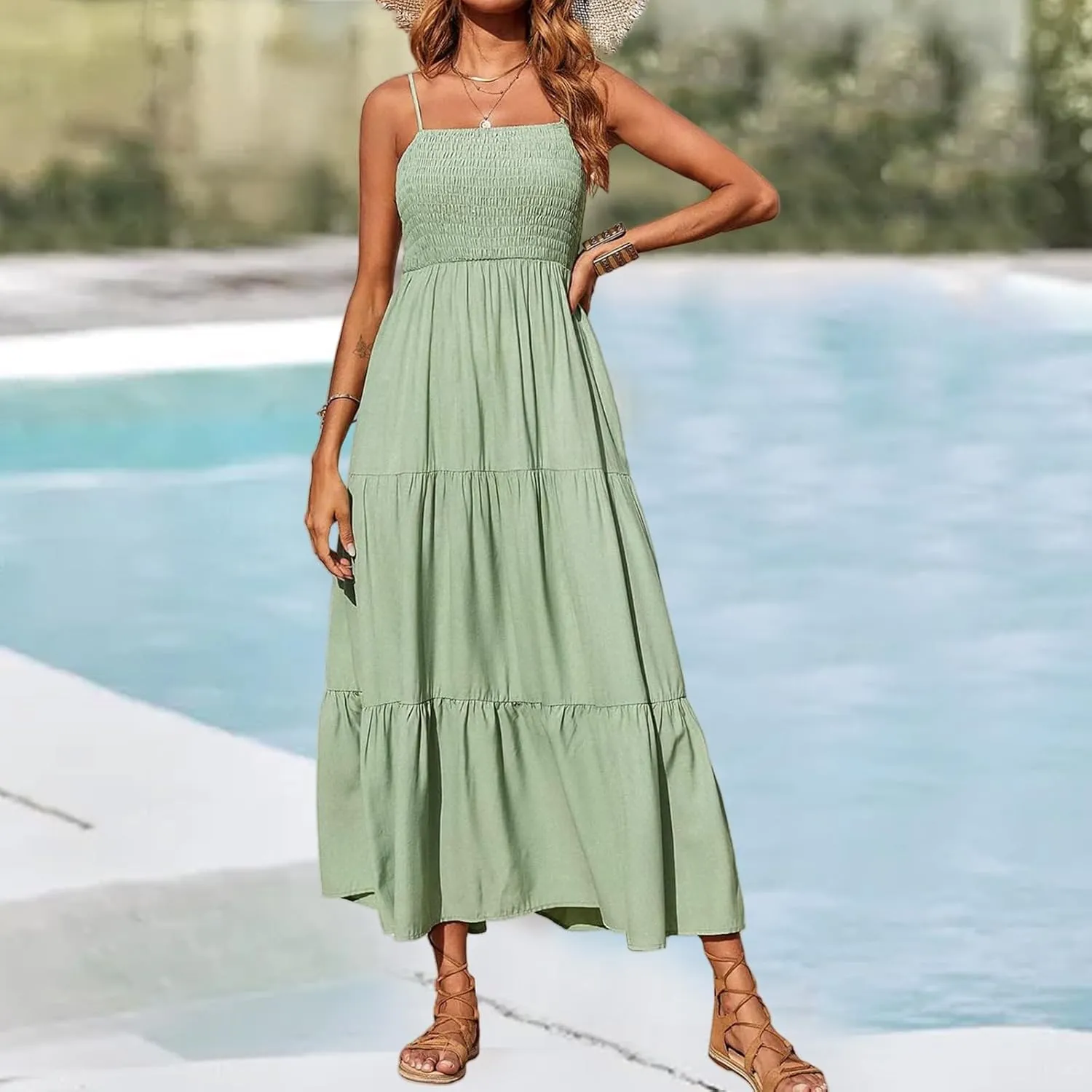 Womens Summer Casual Maxi Dress Boho Spaghetti Strap Smocked Sleeveless Dress Flowy Tiered Long Beach Sundress