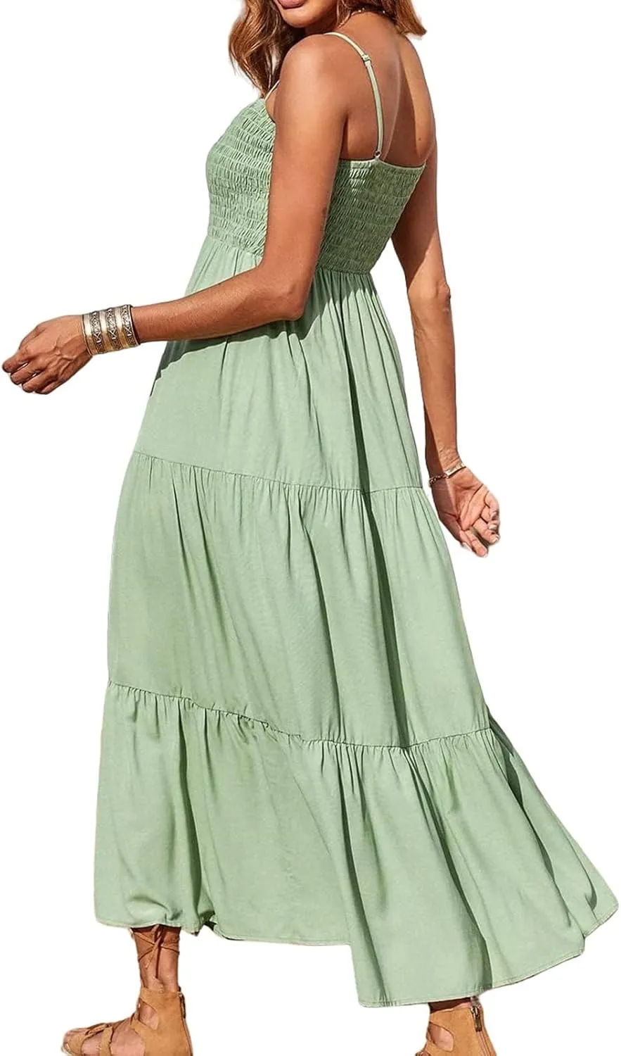 Womens Summer Casual Maxi Dress Boho Spaghetti Strap Smocked Sleeveless Dress Flowy Tiered Long Beach Sundress