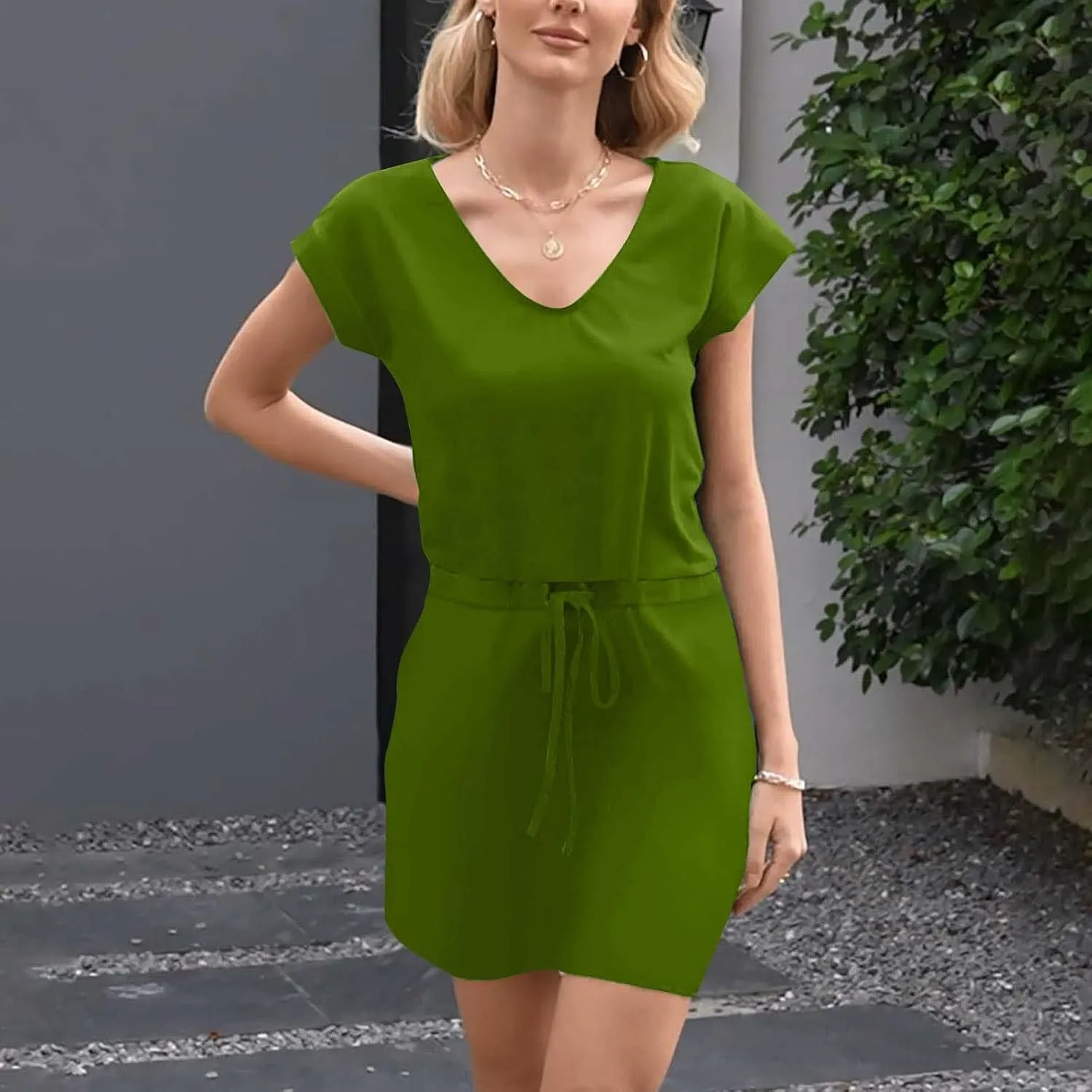 Womens Summer Dresses 2025 Casual Tie Front Short Sleeve a Line Midi Tshirt Dress Beach Vacation Clothes with Pockets