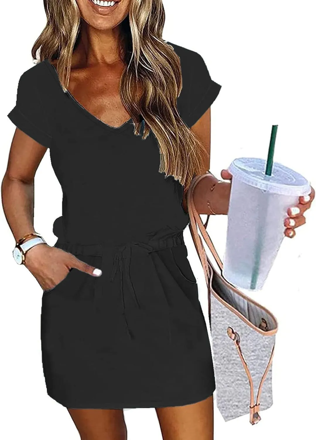 Womens Summer Dresses 2025 Casual Tie Front Short Sleeve a Line Midi Tshirt Dress Beach Vacation Clothes with Pockets