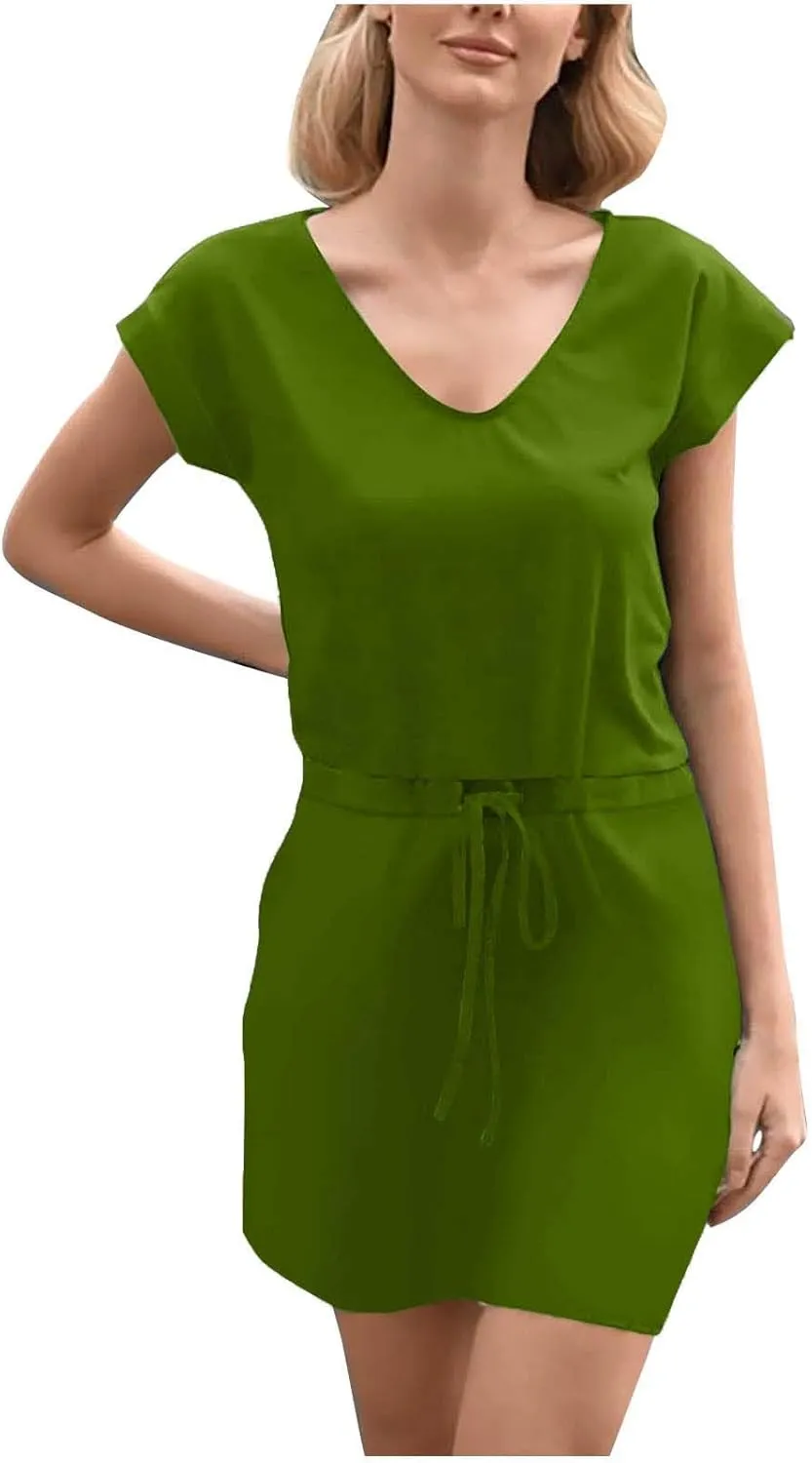 Womens Summer Dresses 2025 Casual Tie Front Short Sleeve a Line Midi Tshirt Dress Beach Vacation Clothes with Pockets