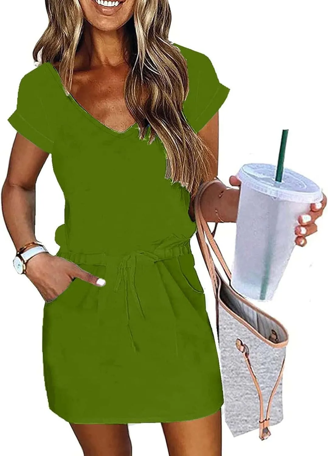 Womens Summer Dresses 2025 Casual Tie Front Short Sleeve a Line Midi Tshirt Dress Beach Vacation Clothes with Pockets