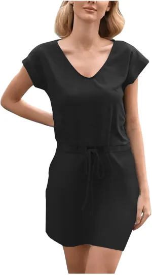 Womens Summer Dresses 2025 Casual Tie Front Short Sleeve a Line Midi Tshirt Dress Beach Vacation Clothes with Pockets