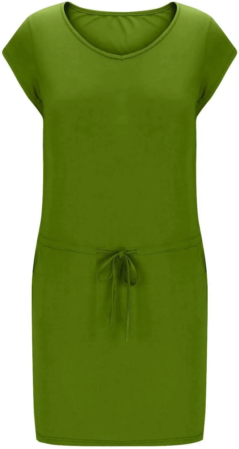 Womens Summer Dresses 2025 Casual Tie Front Short Sleeve a Line Midi Tshirt Dress Beach Vacation Clothes with Pockets