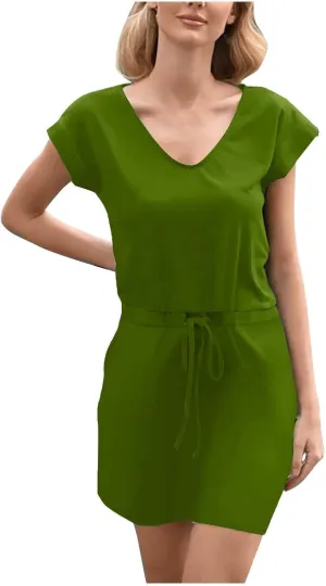 Womens Summer Dresses 2025 Casual Tie Front Short Sleeve a Line Midi Tshirt Dress Beach Vacation Clothes with Pockets