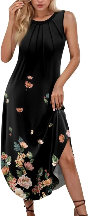 Womens Summer Dresses Prited Sleeveless Maxi Long Dress Loose Beach Sundresses Casual Tshirt Tank Dresses with Pockets