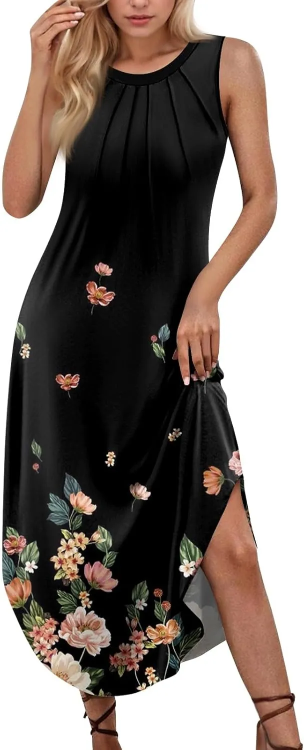 Womens Summer Dresses Prited Sleeveless Maxi Long Dress Loose Beach Sundresses Casual Tshirt Tank Dresses with Pockets