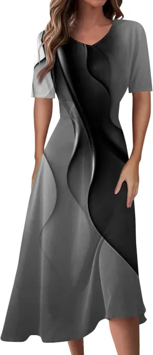 Womens Summer Dresses Short Sleeve V Neck T Shirt Dress Elegant Vintage Dresses Plus Size Casual Cocktail Dresses