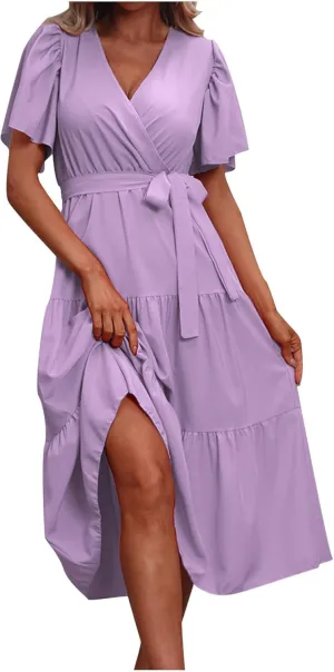 Women's Summer Plus Size Dresses 2024 Tie Waist Casual V Neck Ruffle Short Sleeve Tiered Loose Midi Dress Sundress