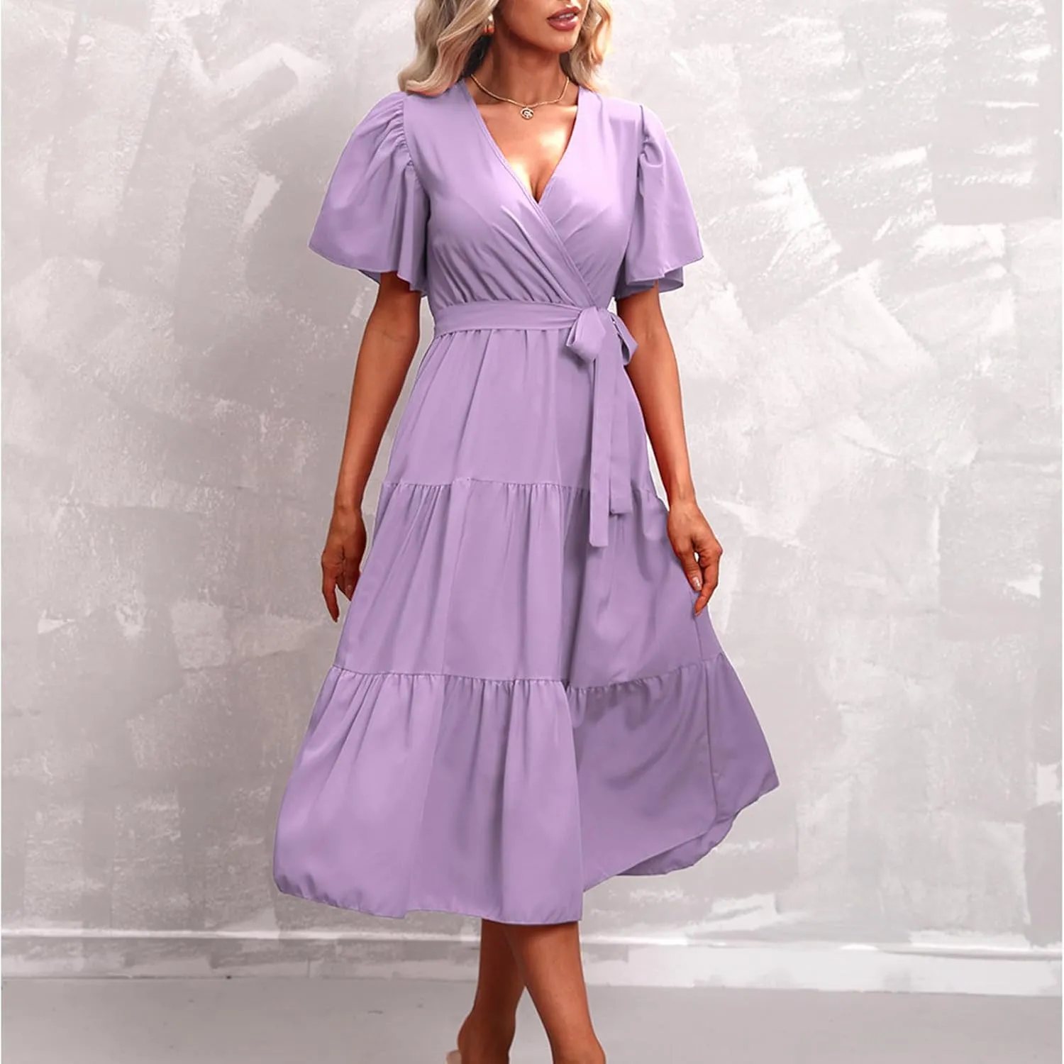 Women's Summer Plus Size Dresses 2024 Tie Waist Casual V Neck Ruffle Short Sleeve Tiered Loose Midi Dress Sundress