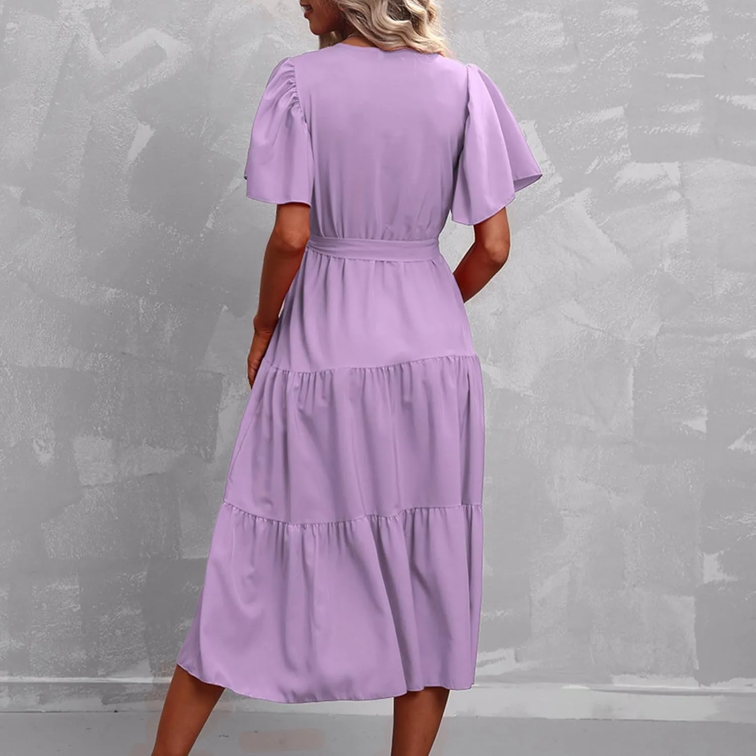 Women's Summer Plus Size Dresses 2024 Tie Waist Casual V Neck Ruffle Short Sleeve Tiered Loose Midi Dress Sundress
